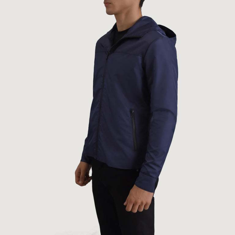 Mens Wesley Blue Hooded Windbreaker Jacket Side Pose-3-1698749025164